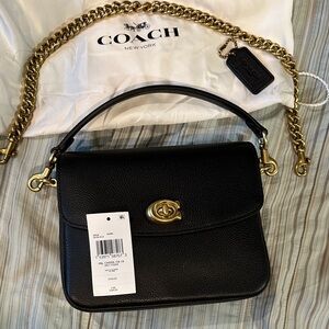 Coach Cassie 19 Black Leather Shoulder Bag with Gold Chain
